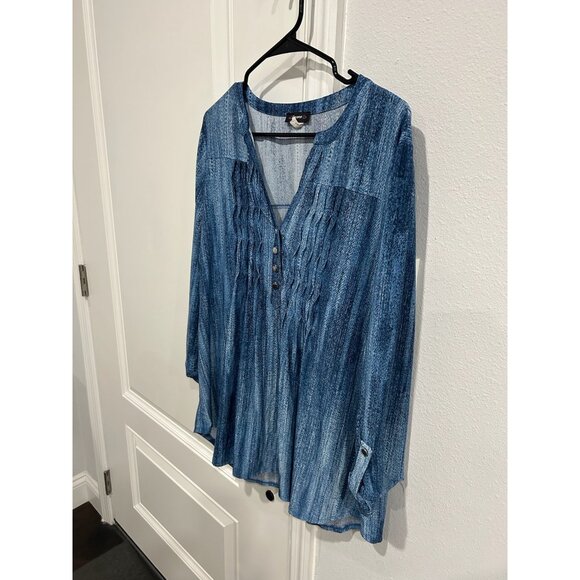 Cocomo Pleated Top Blue Sz XL Roll Tab Sleeve Abstract Pintuck Office Wear - Picture 3 of 8